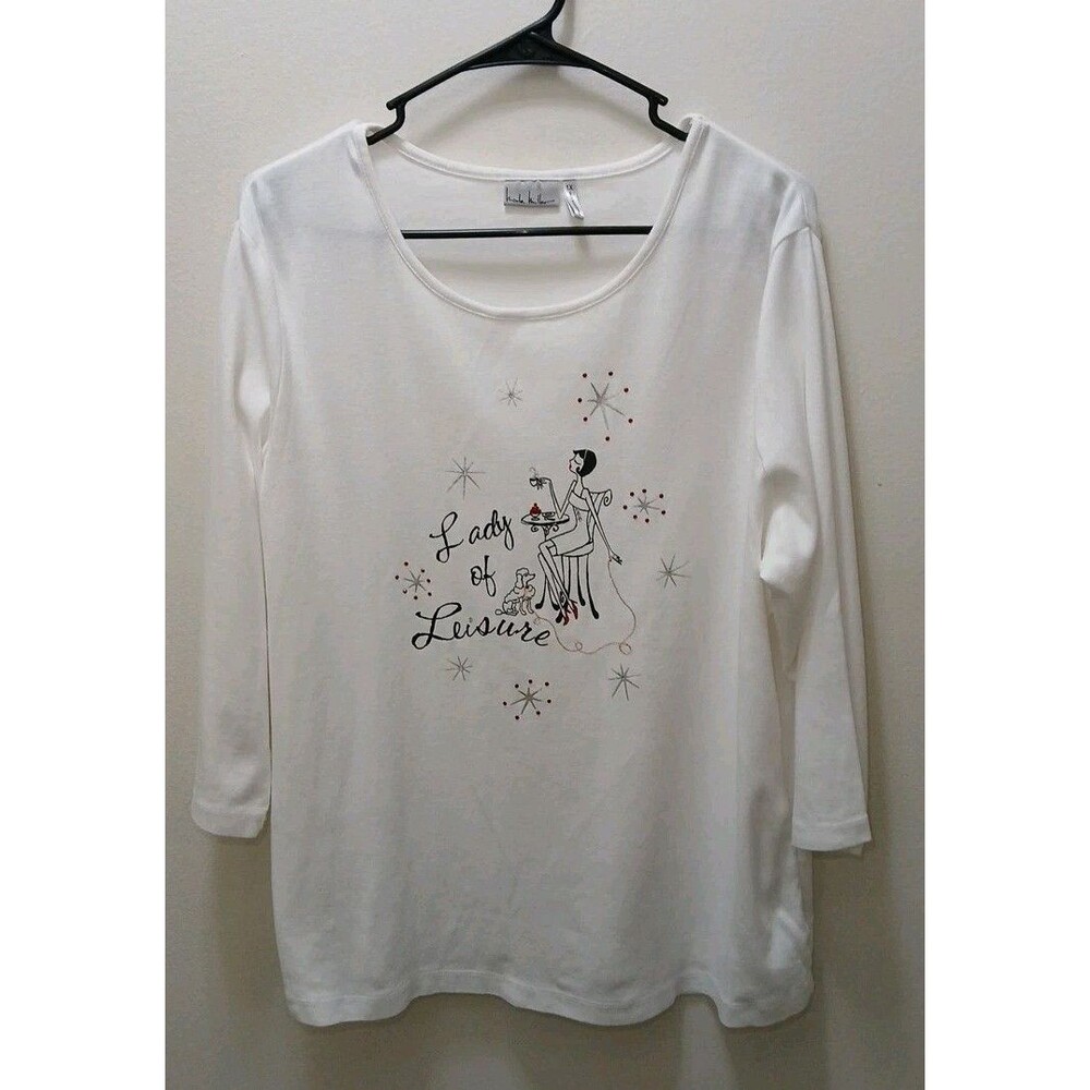 Nicole Miller White Womens 3/4 Sleeve White T-shirt Graphic "Lady Of Leisure" 1X